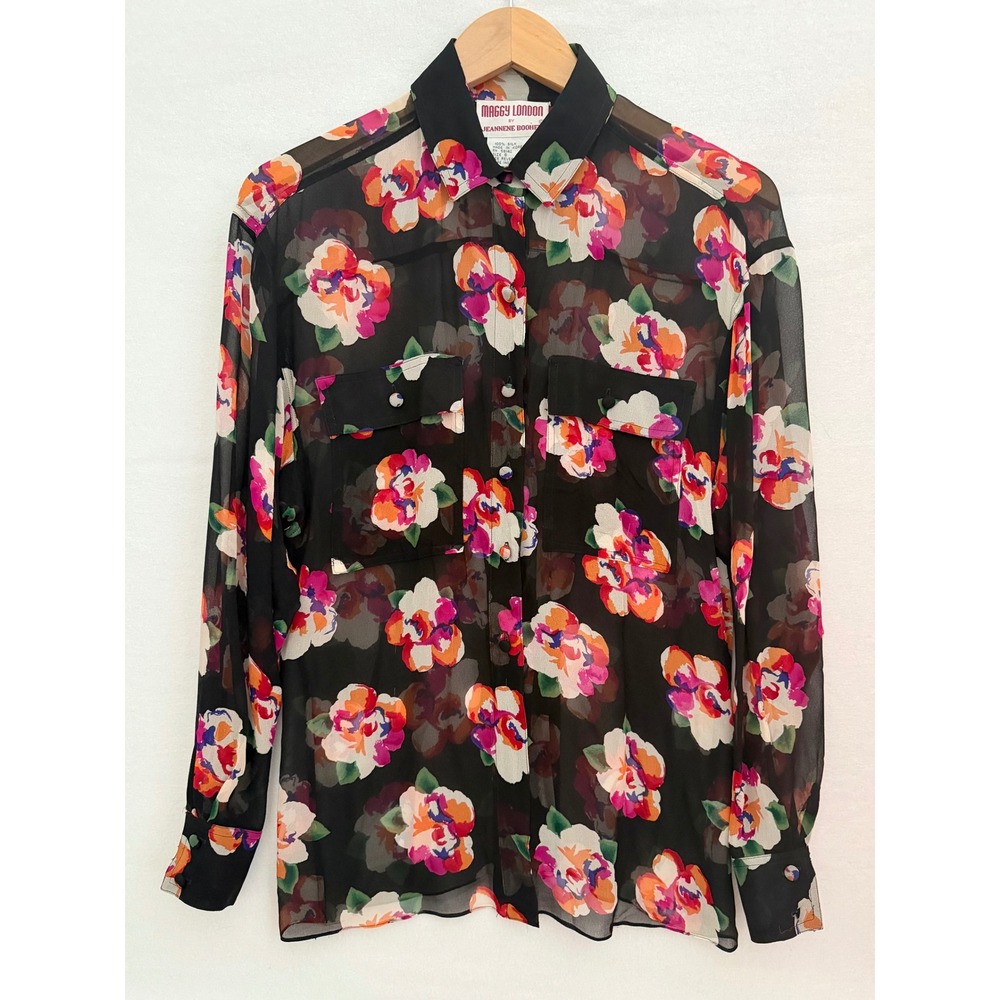 80s Vtg Maggy London by Jeannene Booher Sz 6 Black Foral Sheer Silk Blouse